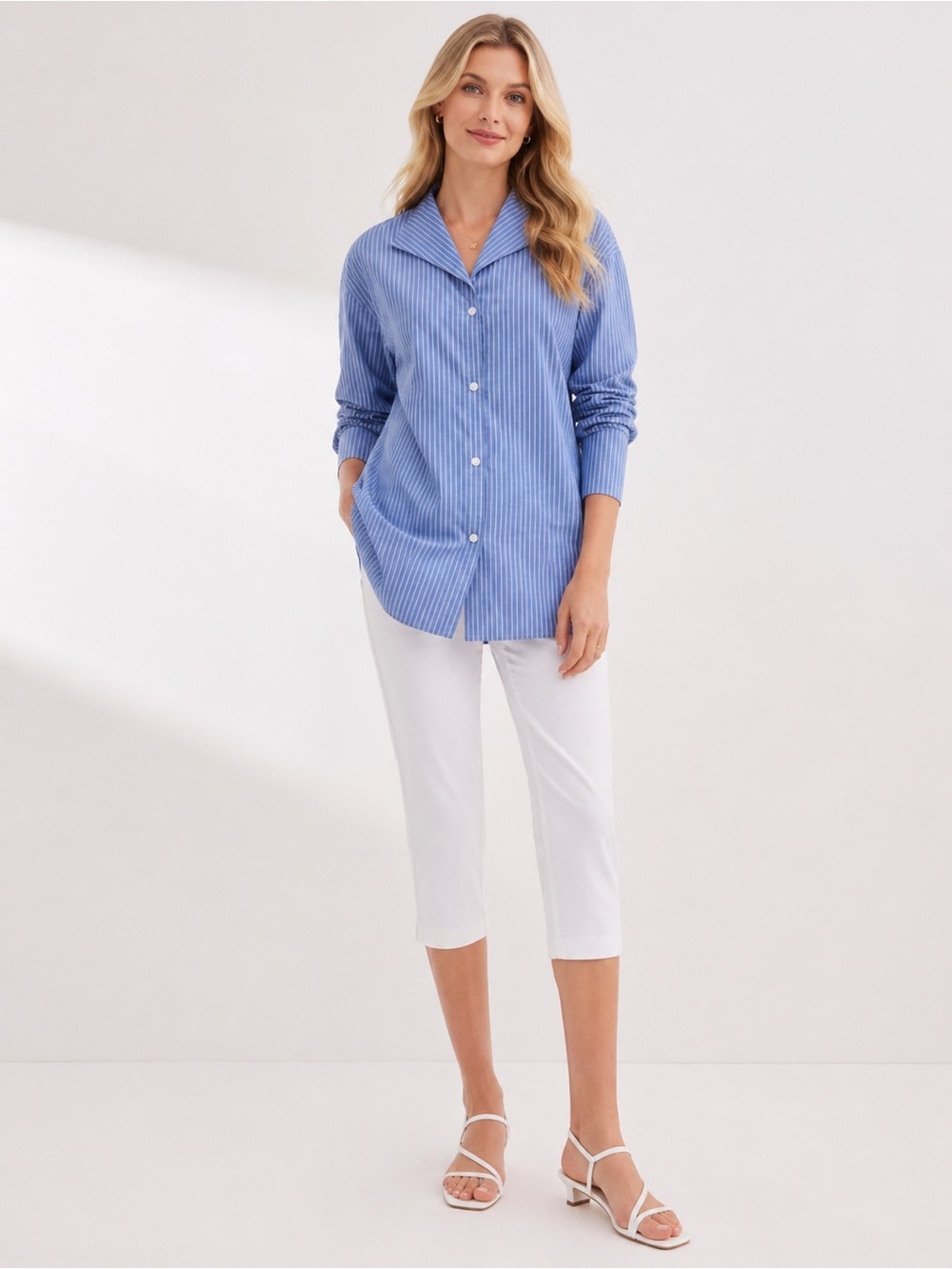 Martha Stewart Light Blue Striped Button-Up Shirt Blouse MSRP $71